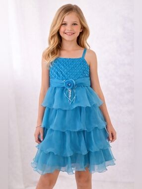 RICHIE HOUSE Blue Lattice Pearl Cascade Ruffle Chiffon Bow Tie Back Party Dress